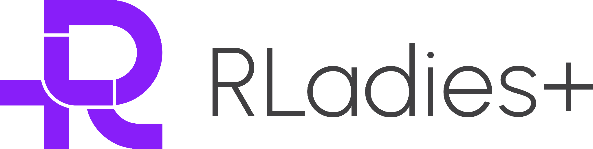 The RLadies+ logo with a purple R-plus symbol and the text RLadies+ in dark gray