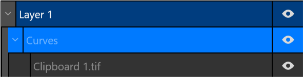 Affinity Designer Layers panel showing a Curves group containing a nested image layer, demonstrating the correct clipping structure