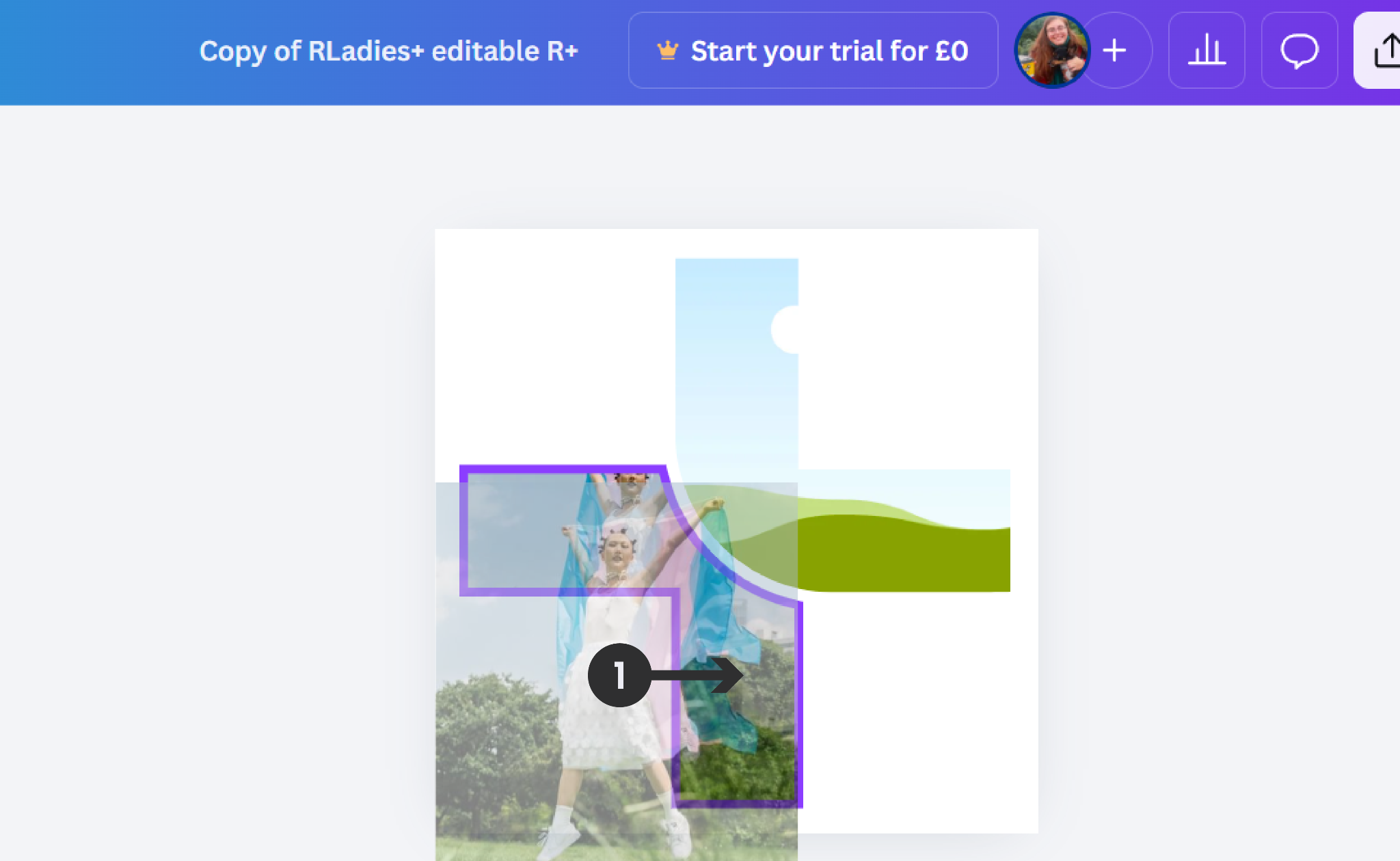 Canva editor showing a photo being dragged onto the R+ logo template placeholders