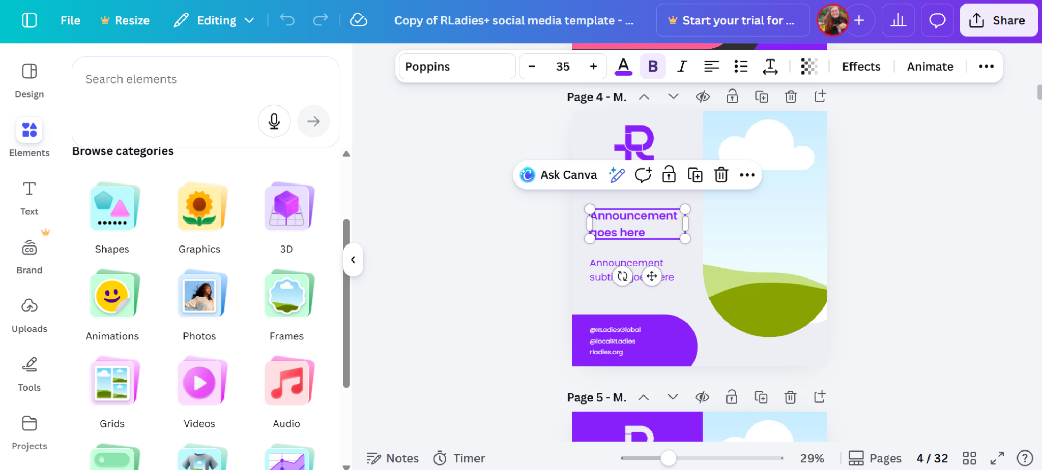 The Canva editor with the Elements panel open, showing an RLadies+ social media template with placeholder text and the logo