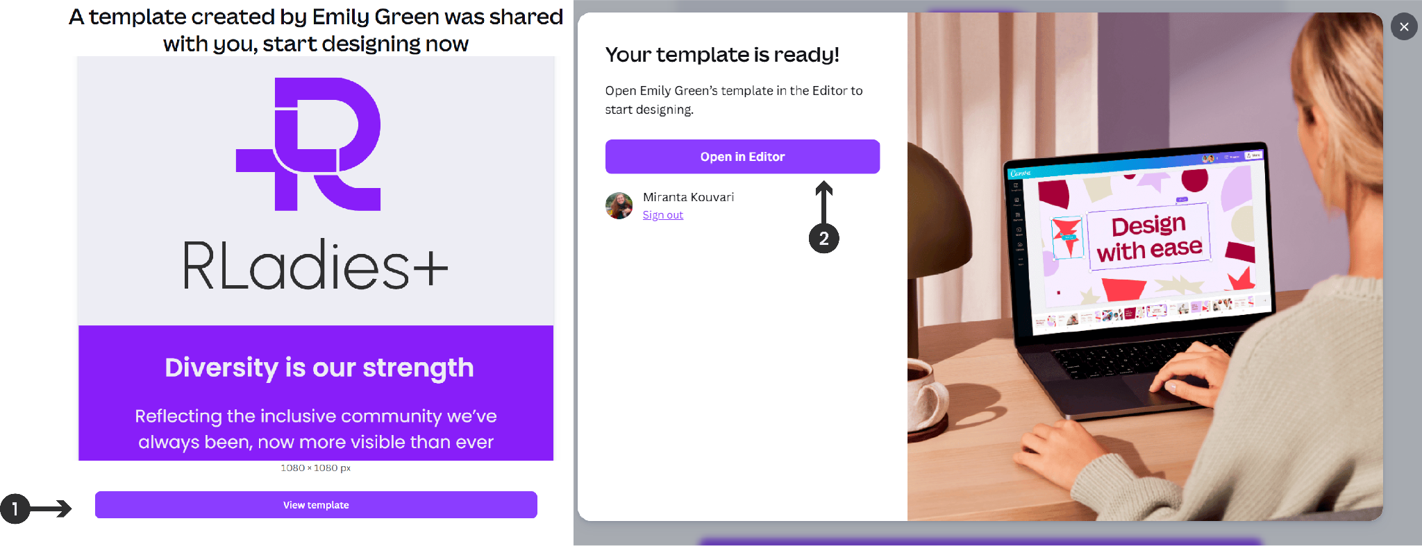 Two side-by-side screens: the shared template page with the View Template button (step 1), and the confirmation dialog with the Open in Editor button (step 2)
