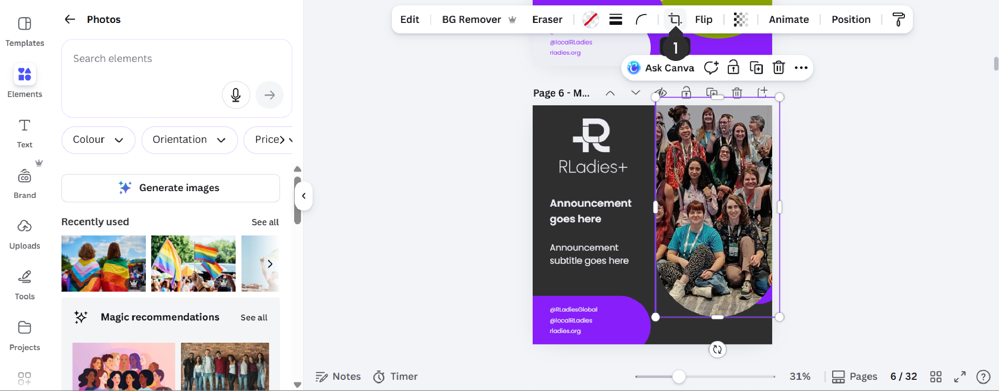 The Canva editor showing a selected photo with editing controls (Edit, Crop, Flip, Animate, Position) in the top toolbar