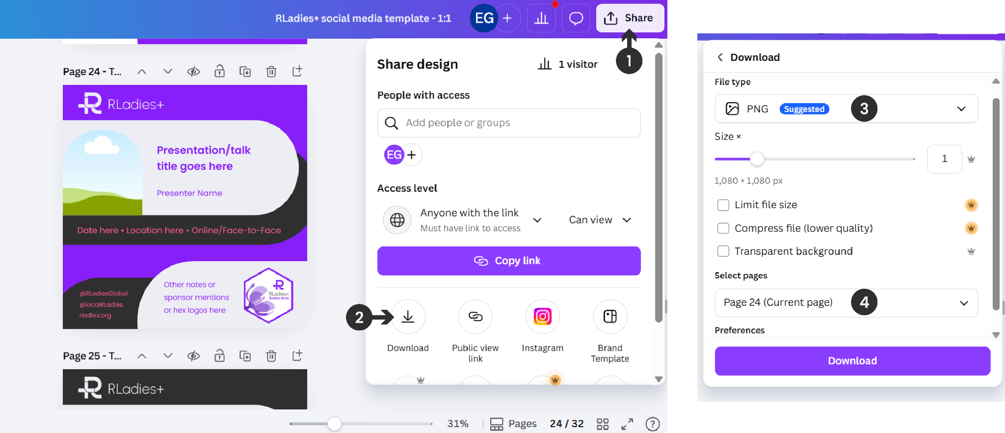 Three panels showing the export workflow: the template page, the Share dialog with the Download option (step 2), and the Download panel with format selection (step 3) and page selector (step 4)