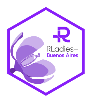 The updated RLadies+ Buenos Aires hex logo with the new purple R-plus monogram, updated text, and bolder hexagon outline