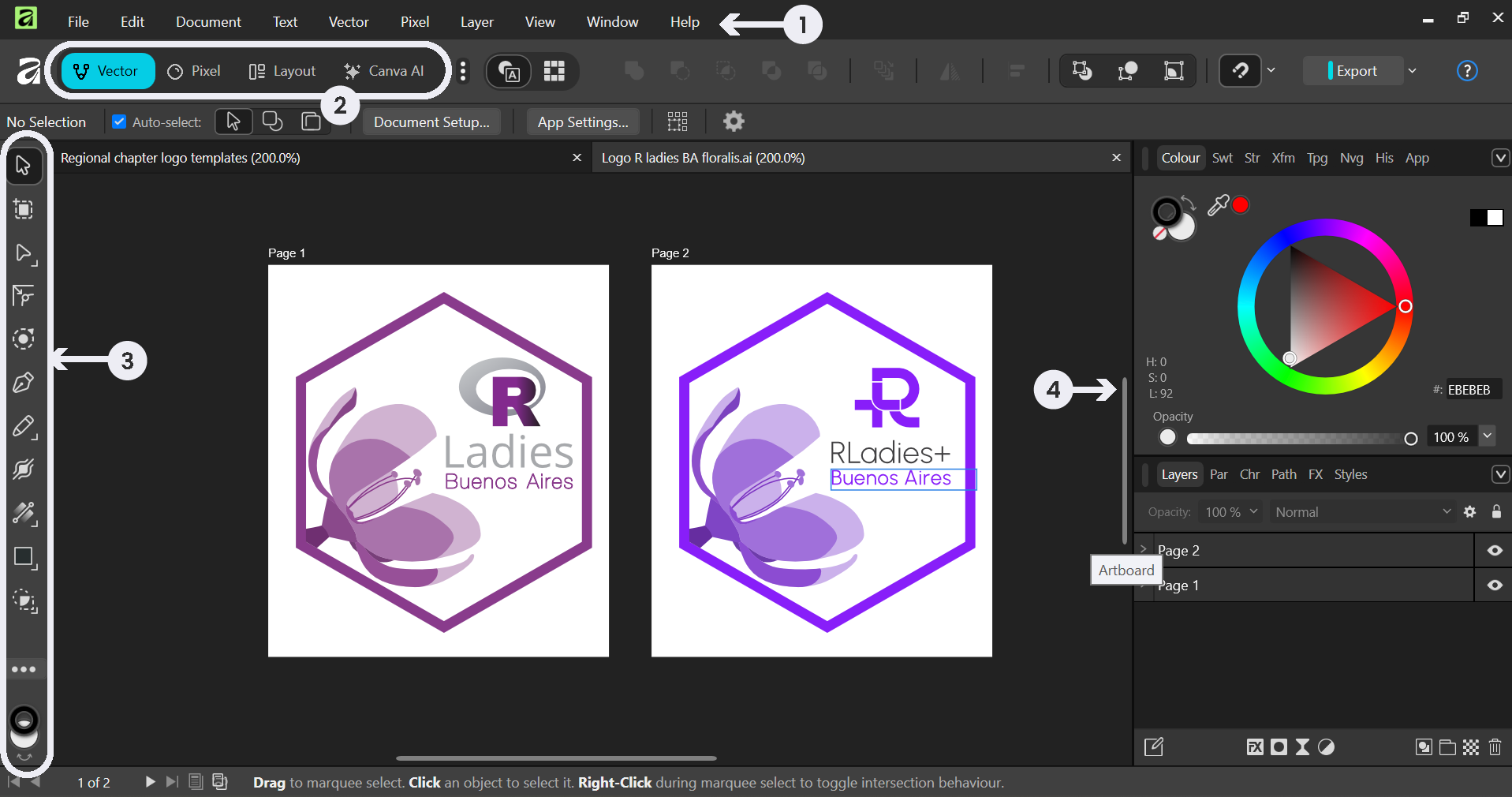 Affinity Designer workspace with both the old and new hex logos open, with numbered annotations pointing to the menu bar (1), Vector Persona toggle (2), left toolbar (3), and right panels (4)