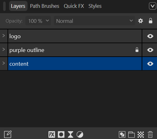 The Layers panel showing three layers: logo at the top, purple outline (locked) in the middle, and content (selected) at the bottom
