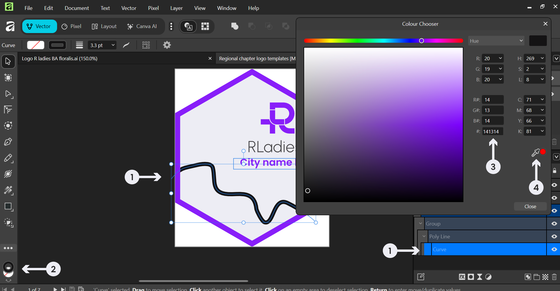 The hex logo template with a curve element selected and the Colour Chooser dialog open, with numbered steps: select the curve (1), click the colour indicator (2), click the colour picker (3), or use the eyedropper (4)