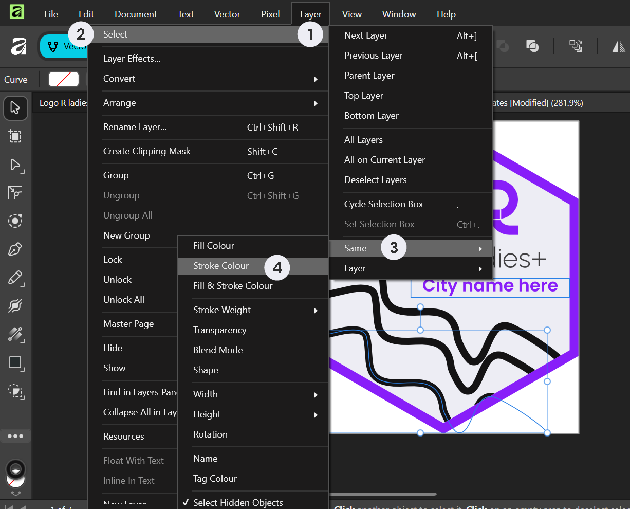 The Layer menu open showing Select > Same > Stroke Colour, used to batch-select all objects with the same stroke colour