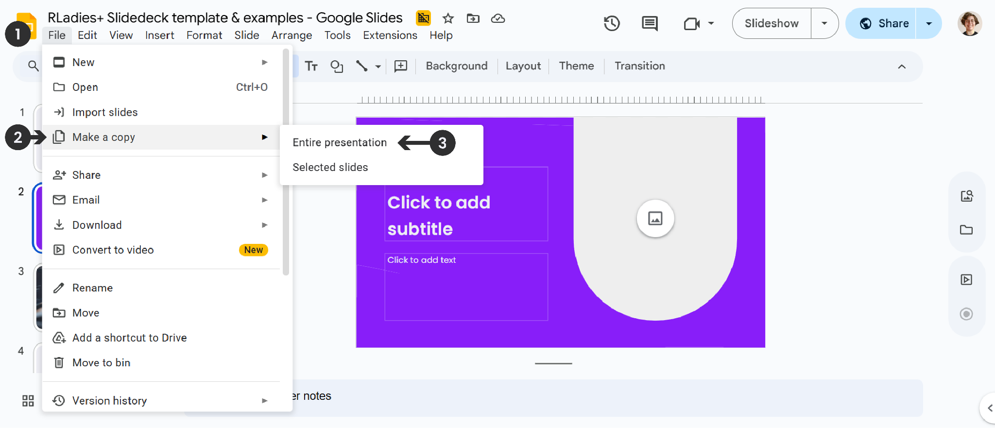 Google Slides File menu showing step 1 (File), step 2 (Make a copy), and step 3 (Entire presentation)