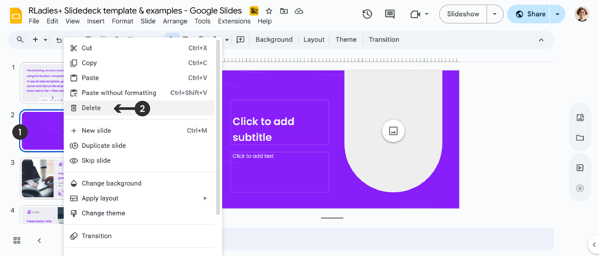 Google Slides right-click context menu on a slide thumbnail, showing the Delete option