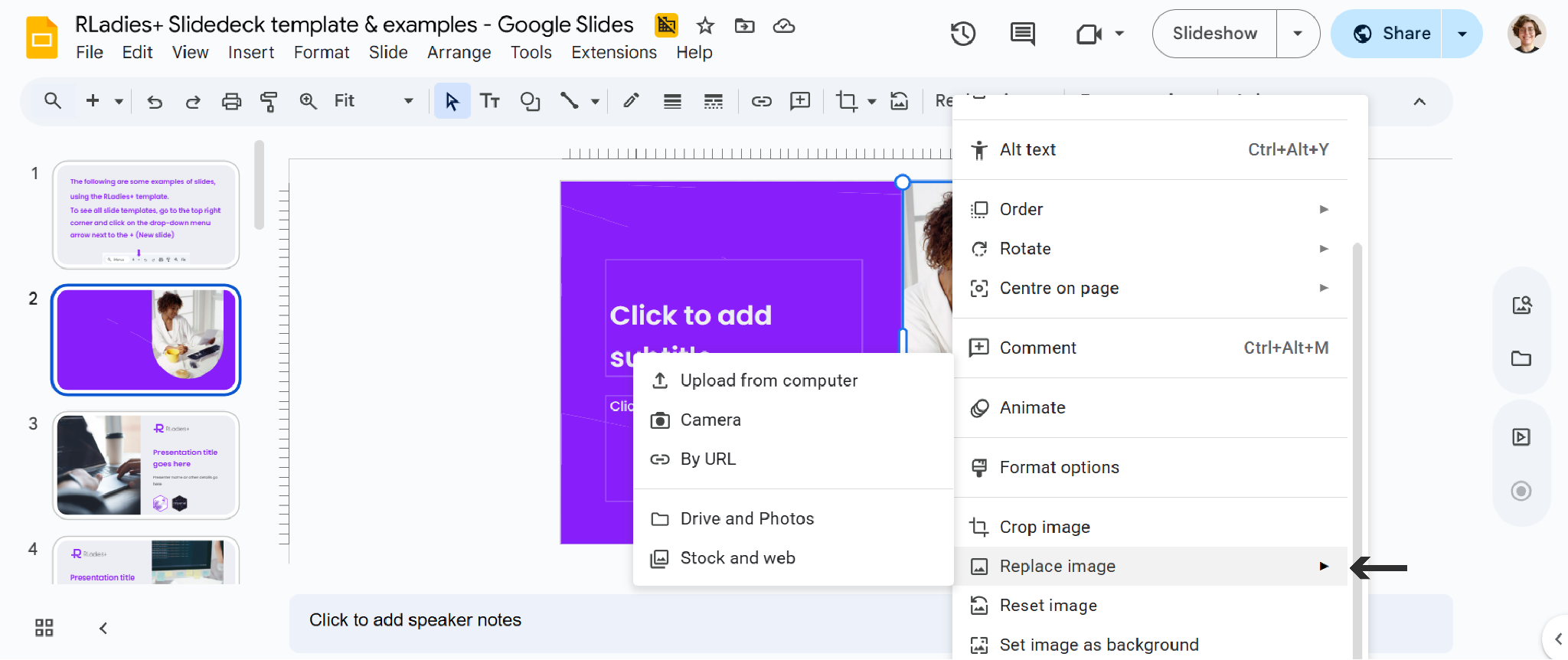 Right-click context menu on an image showing the Replace Image option with source choices