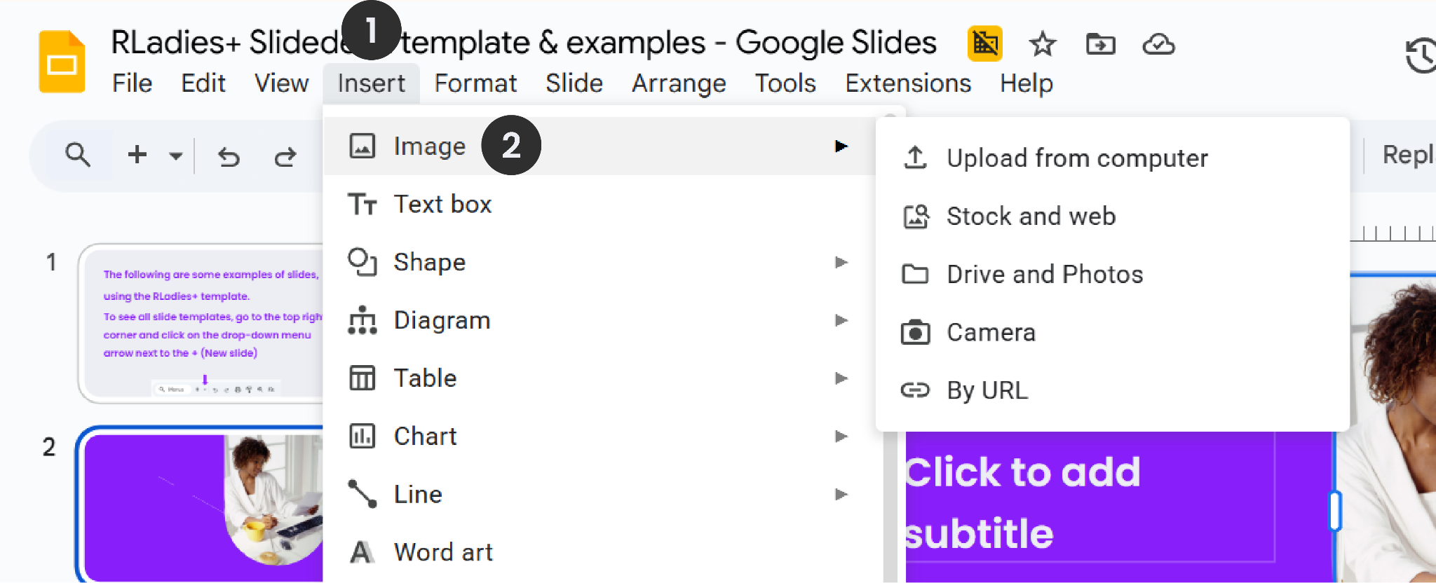 Google Slides Insert menu showing the Image submenu with source options