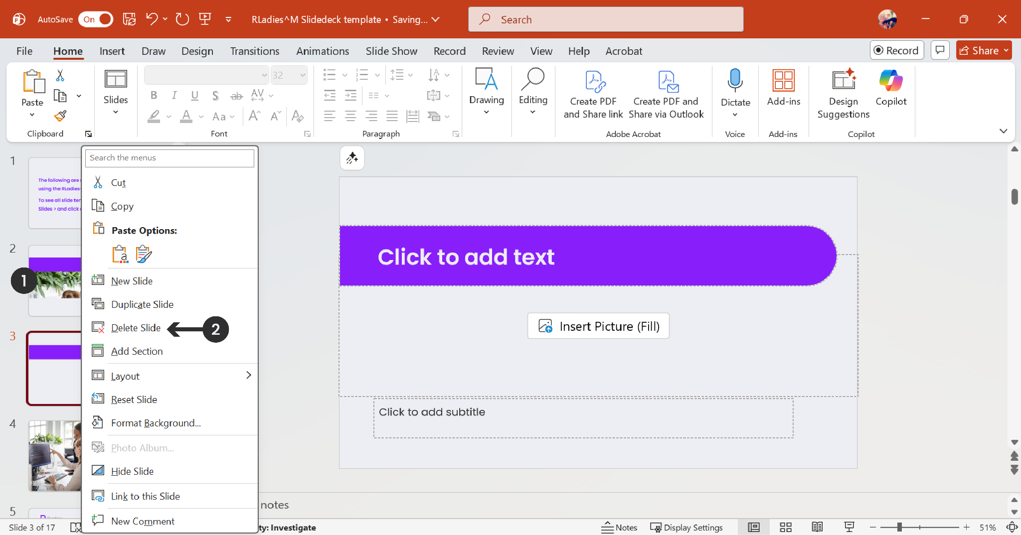 PowerPoint right-click context menu on a slide thumbnail with the Delete Slide option