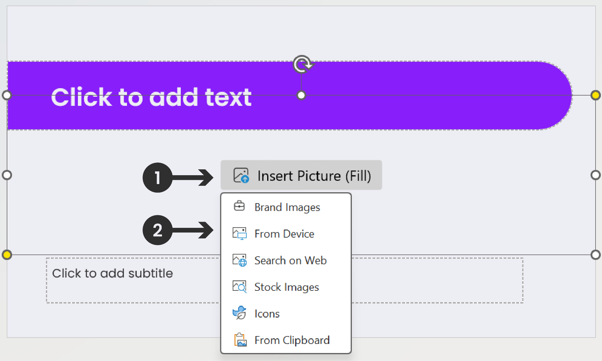 A slide showing the image placeholder selected, with step 1 pointing to the Insert Picture button and step 2 showing image source options