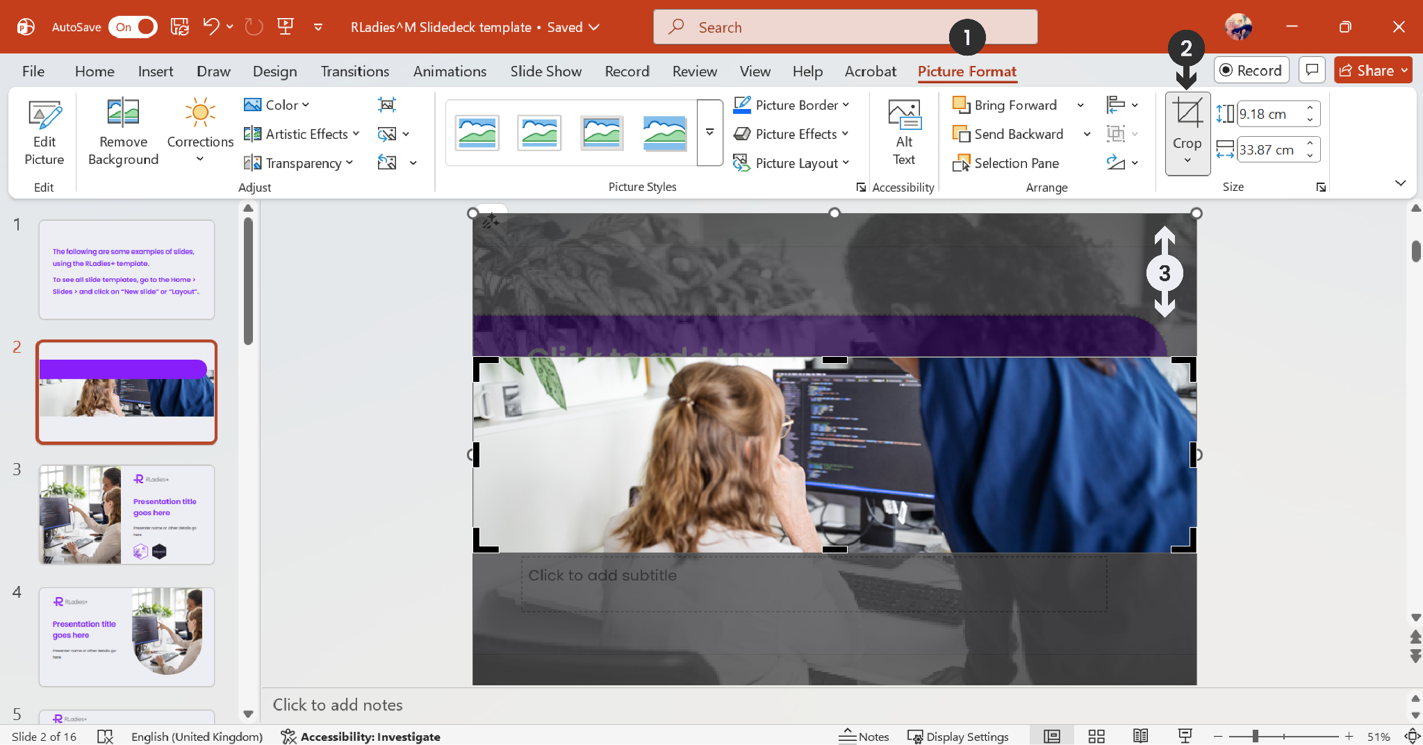PowerPoint Picture Format tab showing an inserted photo, with step 1 pointing to the Crop button and step 2 showing the crop handles