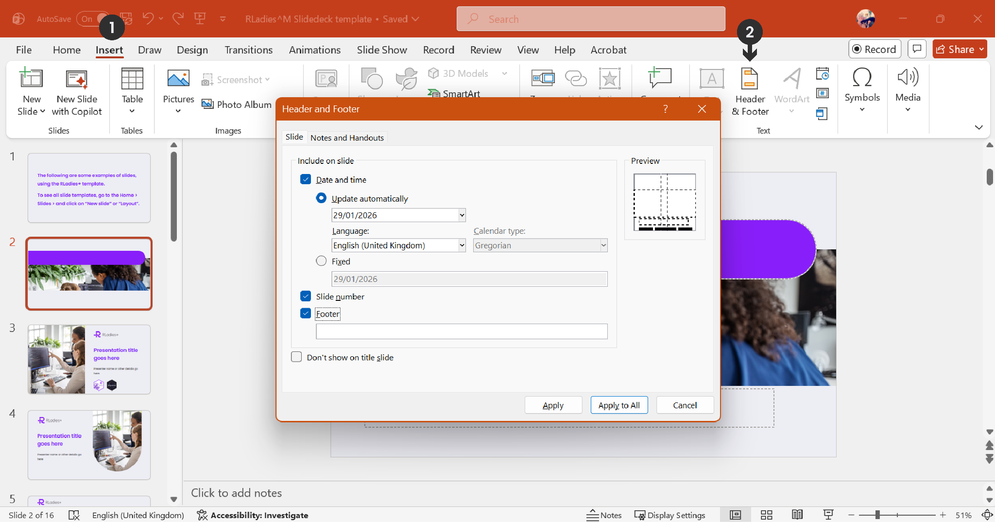 PowerPoint Insert tab with the Header and Footer dialog showing options for Date and time, Slide number, and Footer