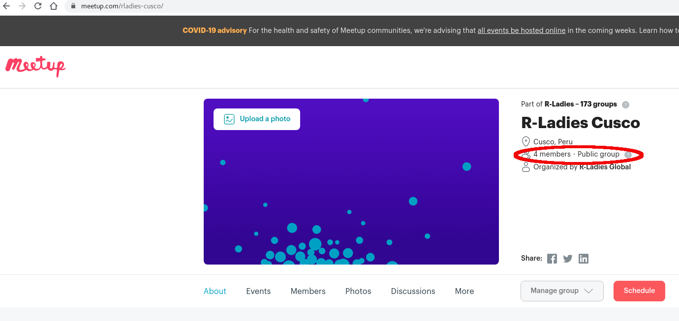 Screenshot of the meetup page of a chapter where the number of members is written below the location