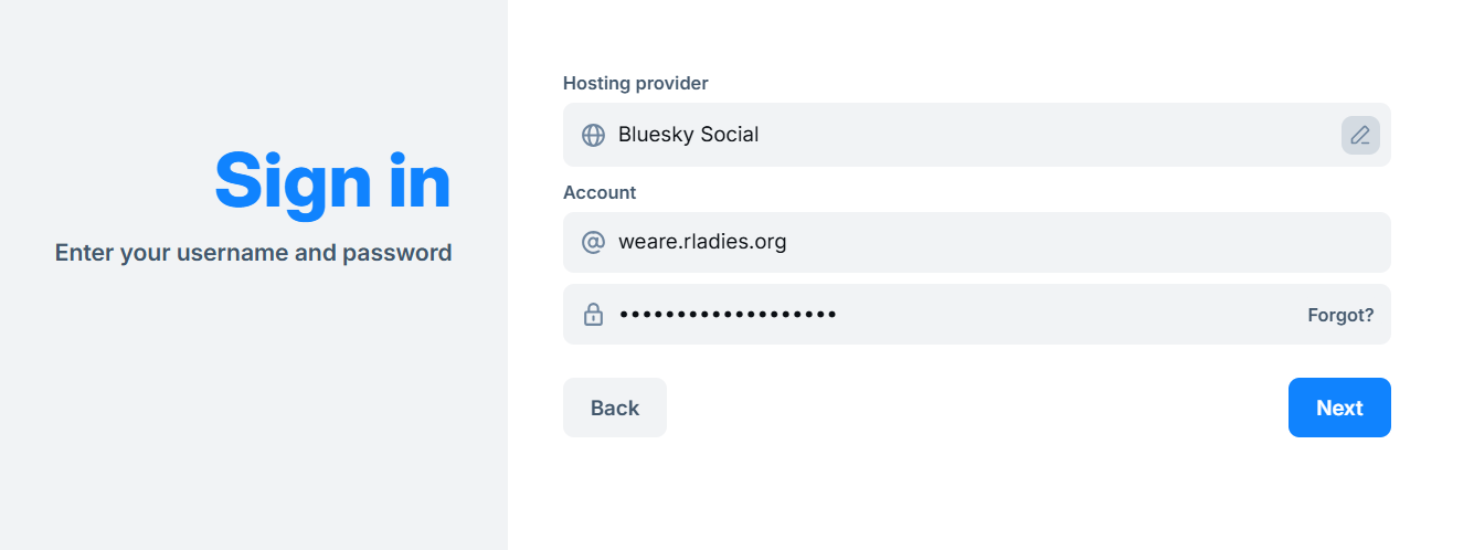 Bluesky sign in page. Hosting provider is set to Bluesky Social.