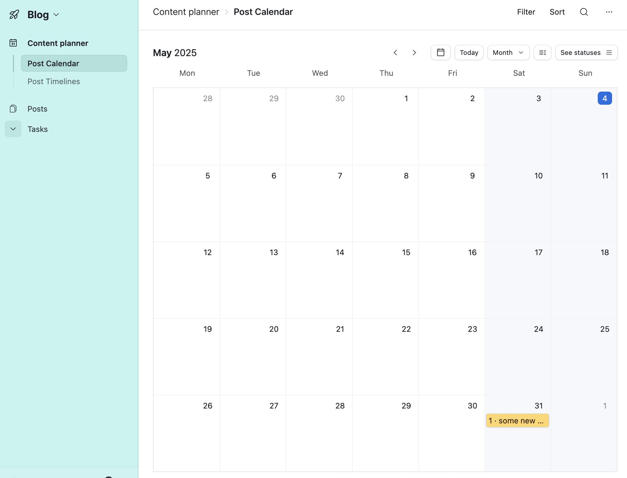 Airtable “Post Calendar” view under “Content planner” showing the month of May 2025 with “1 - some new …” on May 31st.