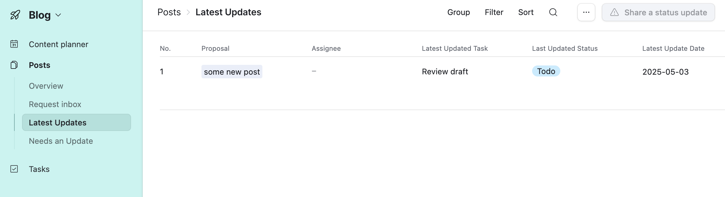 Airtable “Latest Updates” table under “Posts” showing one entry: “some new post” with status “Todo” and latest update date “2025-05-03”.