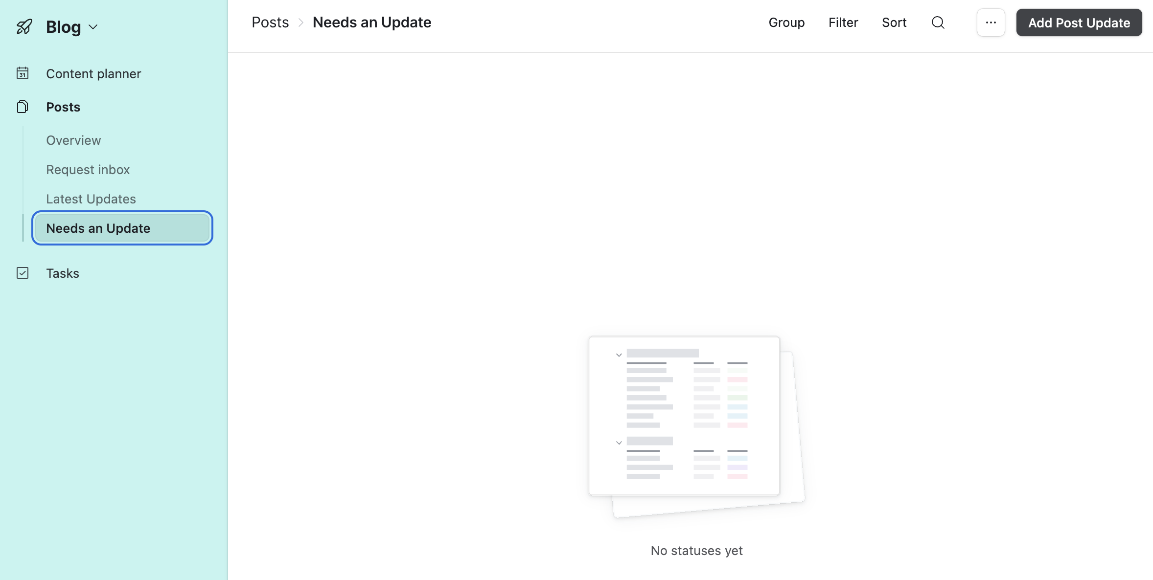Airtable “Needs an Update” view under “Posts” showing “No statuses yet”.
