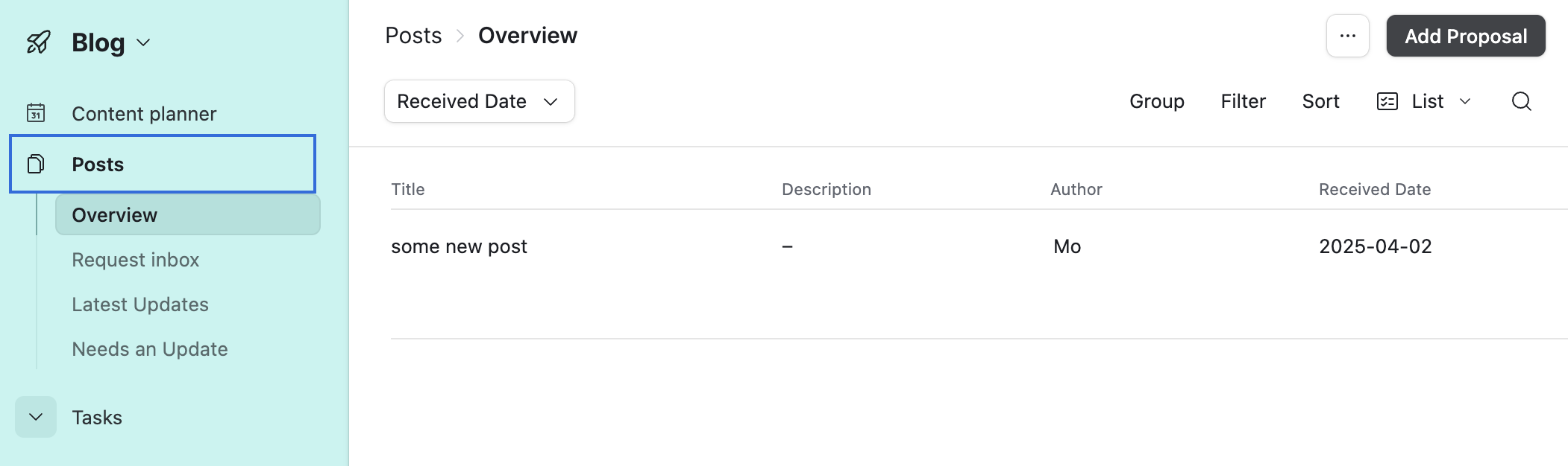 Airtable “Overview” table under “Posts” showing one entry: “some new post” received on “2025-04-02” by author “Mo”.