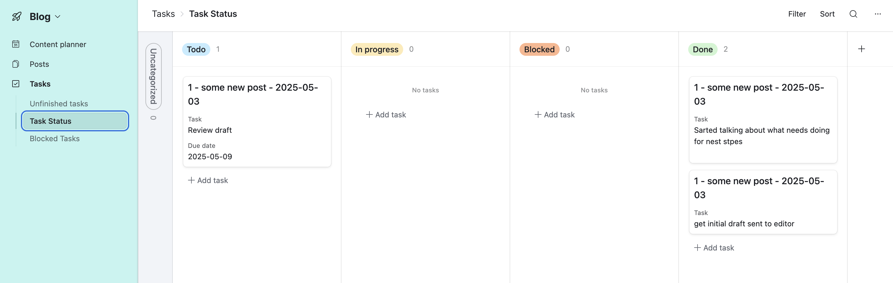 Airtable “Task Status” board view with columns: Todo (1), In progress (0), Blocked (0), Done (2).