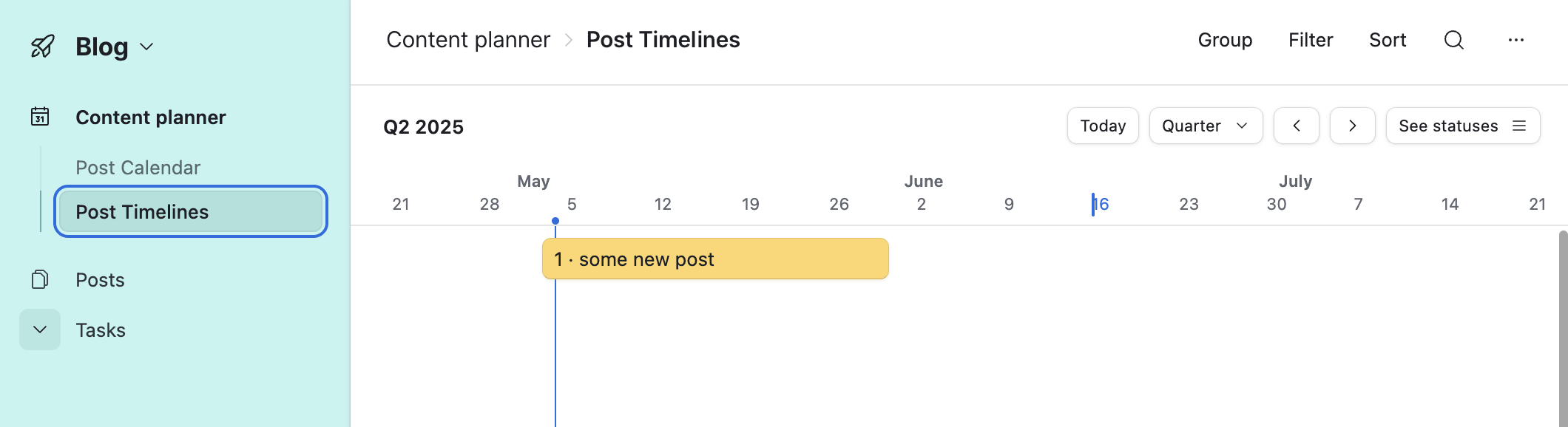 Airtable “Post Timelines” calendar view under “Content planner” showing “1 - some new post” scheduled in May 2025.